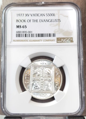 1977 VATICAN SILVER 500 LIRE BOOK OF THE EVANGELISTS NGC MS 65 NICE GEM BU