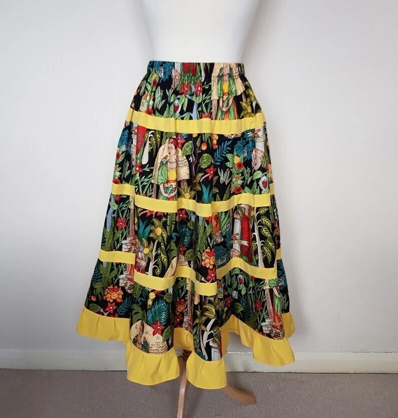 Indian Cotton Long Skirt Free Size Beach Wear Yellow Striped Black Frida Skirts