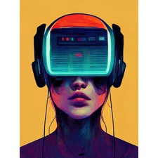 Gamer Gaming Illustration VR Headset Lady Huge Wall Art Print Picture 18X24 In