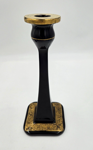 Vintage schwarz Glas Kerzenständer Halter mit Goldrand Art Deco Styling 10"