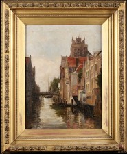 19th CENTURY EXHIBITION OIL ON CANVAS - VIEW OF DORDRECHT - LABELS VERSO