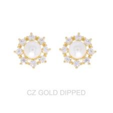 New Gold Dipped Cz Pearl Halo Drop Earrings