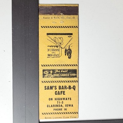 Sam's Bar-B-Q Cafe Clarinda Iowa Vintage Highway 71-3 Matchbook