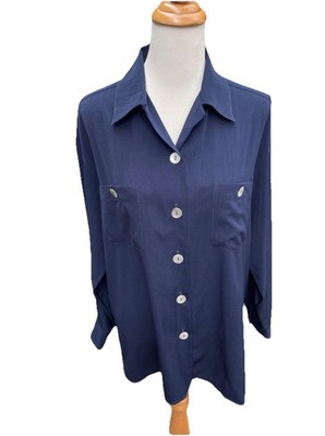 RODIER Women s Navy Silk-Like Shirt W/Chest Pockets & Natural Shell Button Sz. L
