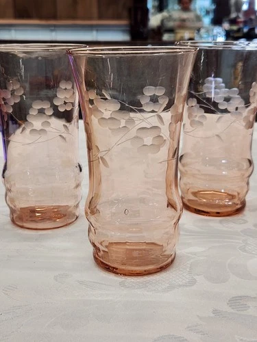 Set Of 6 Vintage ETCHED PINK Depression Tumblers ~MacBeth-Evans