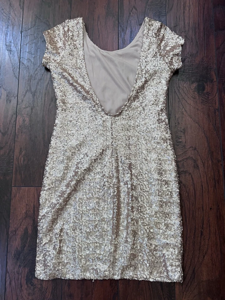 Vestido de fiesta de cóctel con lentejuelas doradas entre bastidores talla M hecho en Australia forrado Foto 3 de 4