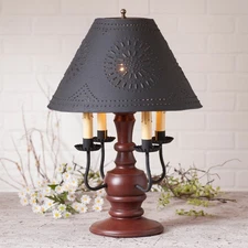 COLONIAL TABLE LAMP & PUNCHED TIN SHADE - Country Red with 3 Light Options USA