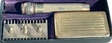 1930s Gillette Gold Tone Safety Razor Set w/ Case & Blade Holder USA