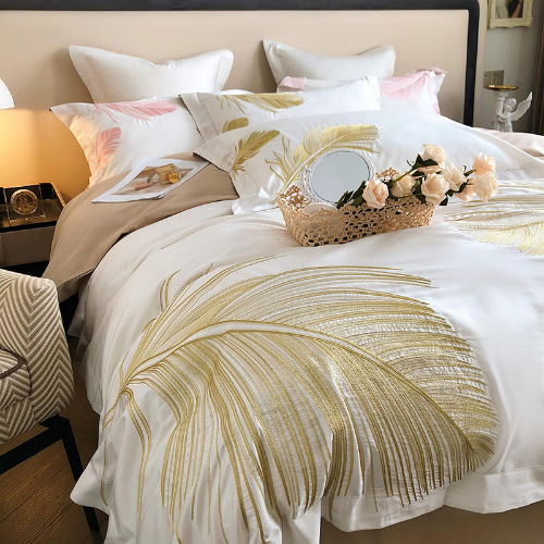 800TC Egyptian Cotton Gold Leaf Embroidery White Bedding Set Quilt