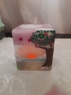 Handmade & painted candle, retro vintage , natural scenes,   1980 signed