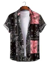 Button Down Shirt Paisley Hawaiian Fashion Red Black Short Sleeve Up Party Dress