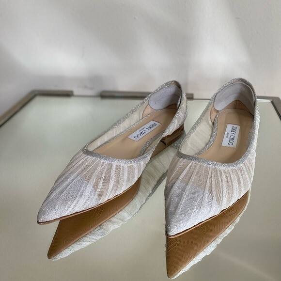 EUC Jimmy Choo Love Flat Metallic Silver Glitter Flats with EUC Jimmy Choo Love Flat Metallic Silver Glitter Flats with