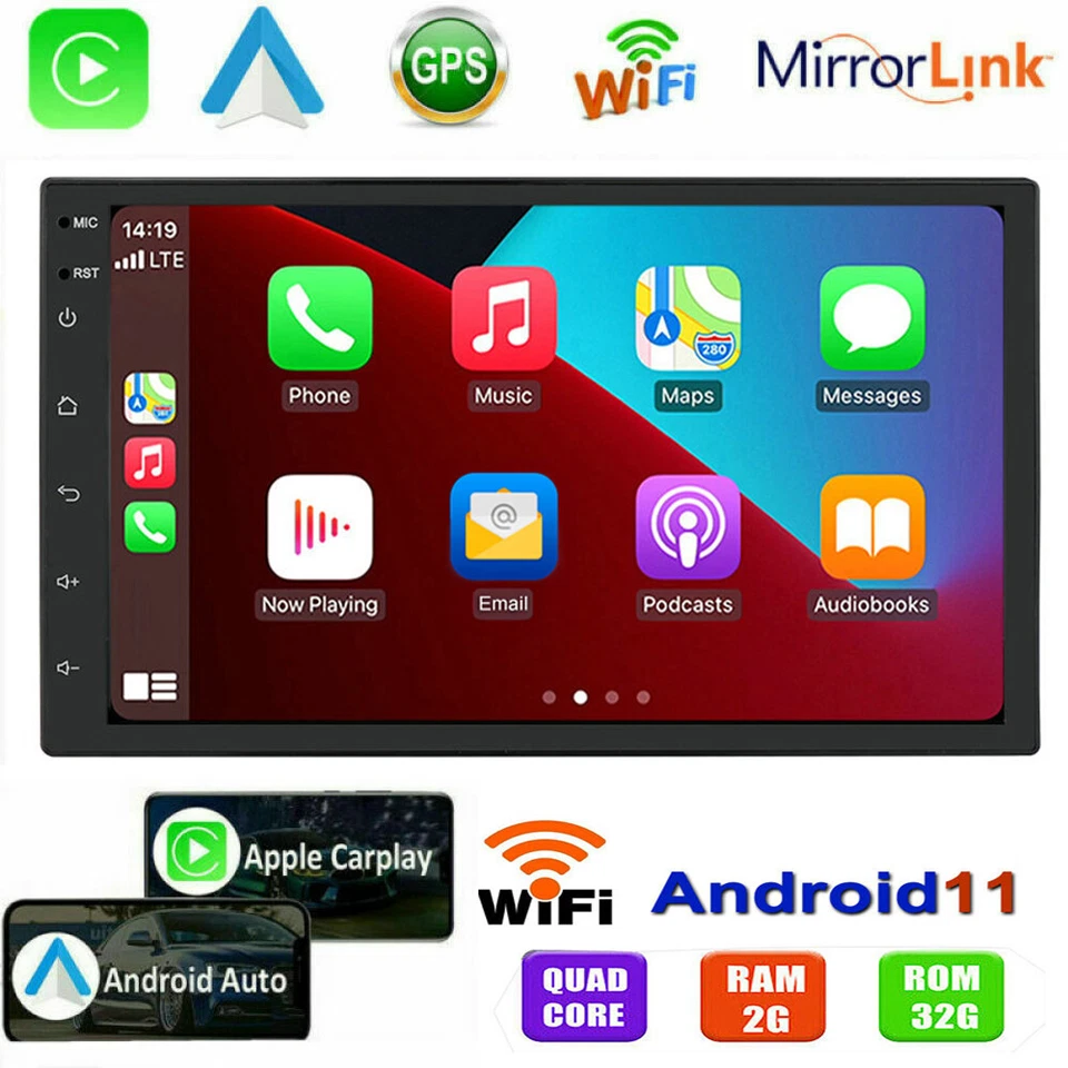 Android 11 Double Din 7" Car Stereo CarPlay Auto Radio GPS Navi WiFi FM 2+32GB - Image 3 of 4