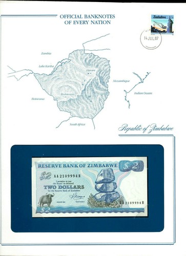 Banknotes of Every Nation Zimbabwe 2 Dollars 1983 P-1b UNC Prefix AA - Bild 1 von 2