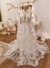 Moon and Stars Celestial Wedding Dresses Long Sleeves V Neck A Line Bridal Gowns