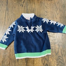 Hanna Andersson Boy's Blue Green Snow Holiday Half Zip Cotton Sweater Size 80