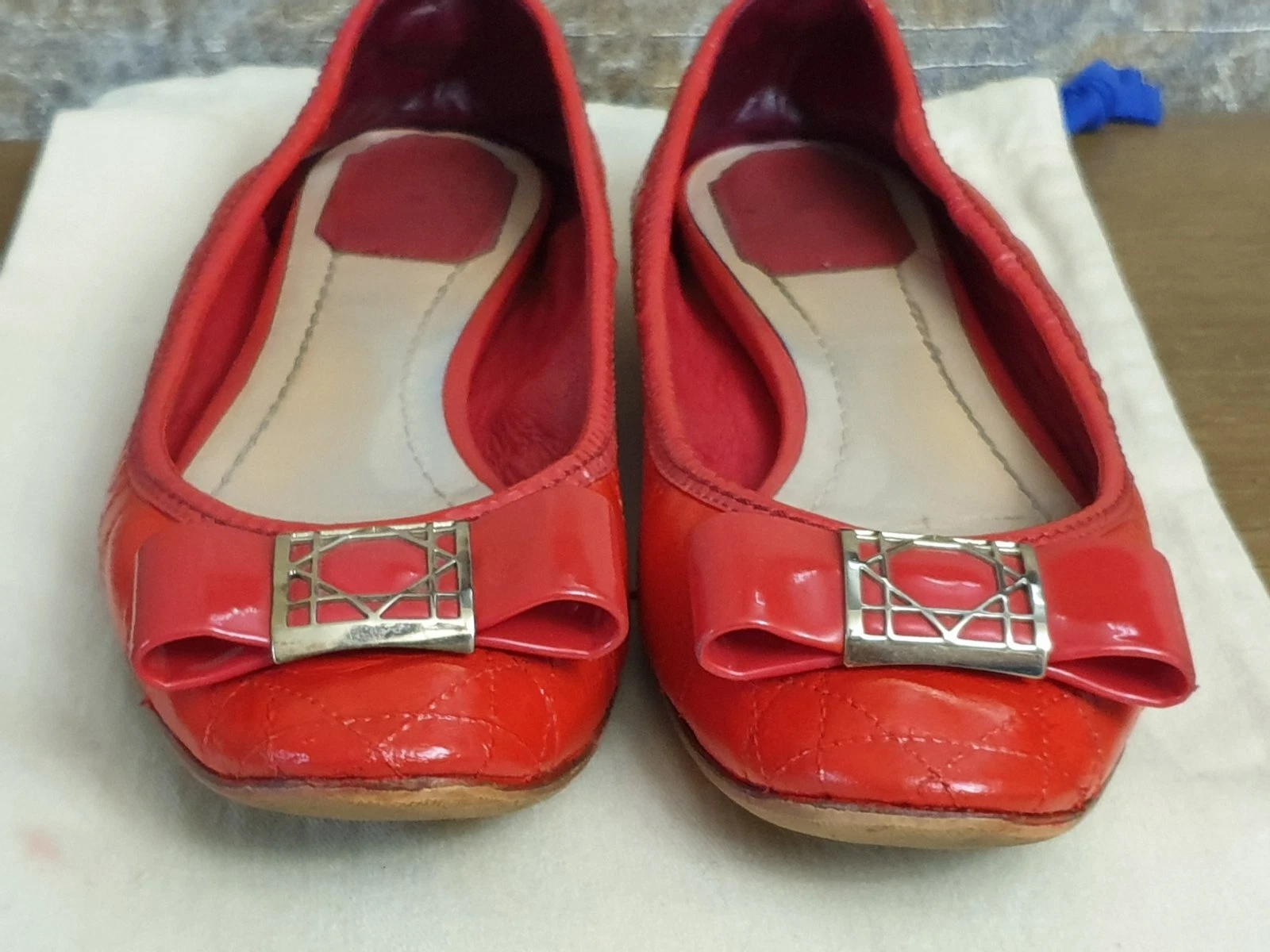 Authentique ballet plat matelassé cannage cuir rouge Christian Dior, EU37,5/US7