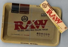 RAW "MINI" METAL Rolling Tray (7 1/8" x 5") +KING SIZE SLIM ORGANIC HEMP PAPERS 