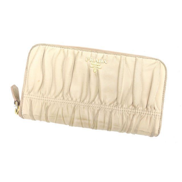 PRADA Round Zipper Long Wallet in Pink Beige and Gold Gathered Leather