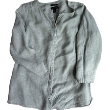 Tahari Womens 1X Sage Green 100% Linen Button Down Roll Tab Sleeve Tunic Shirt