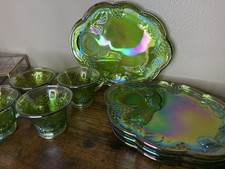 Vtg Iridescent Lime Green Carnival Glass 8 pc Snack Set Indiana Glass