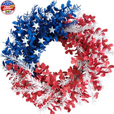 4th of July Wreath 22 inch, Patriotic Wreath for Front Door, Red White Blue Leav