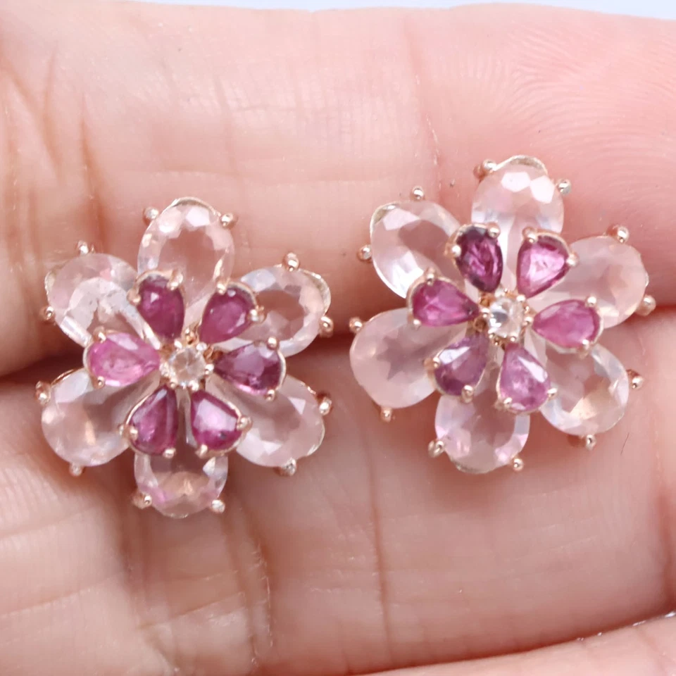 Prata 925 5 x 7 mm. Brincos de quartzo rosa, granada rodolita e zircônia cúbica - Imagem 2 de 4