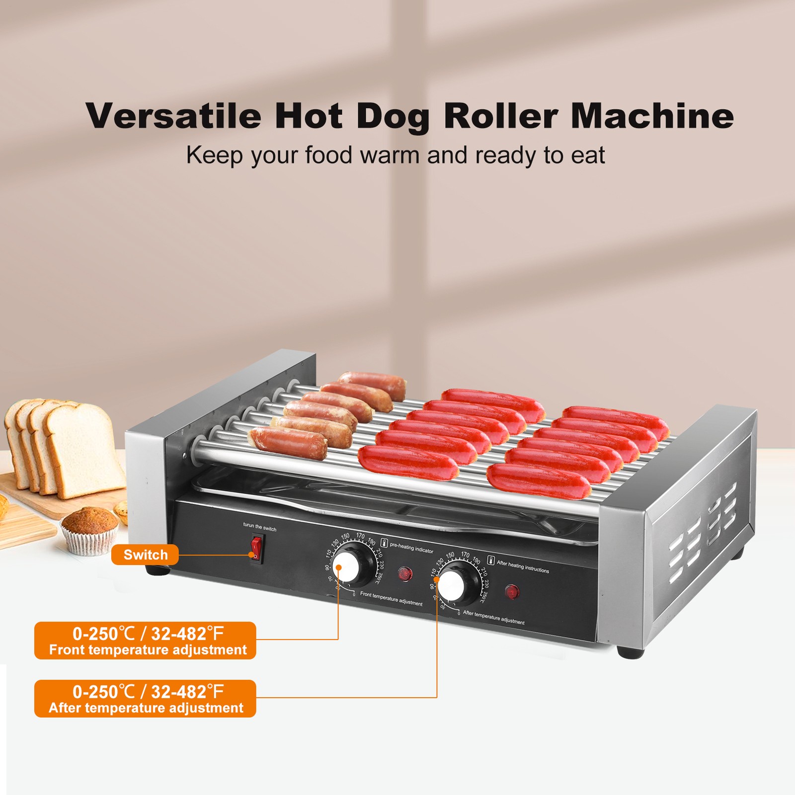 Commercial Electric 18 Hot Dog 7 Roller Grill Cooker Machine 1200w