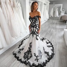 Off‑Shoulder Mermaid Wedding Dress Black Lace Appliques Tulle Gothic Bridal Gown