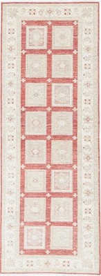 2.6x8 ft Hand Knotted Red, Ivory Wool Runner Rug. Geometric Corridor Rug