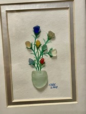 Sea Glass Beach Glass Painting Art Vase Of Flowers Signed KABK