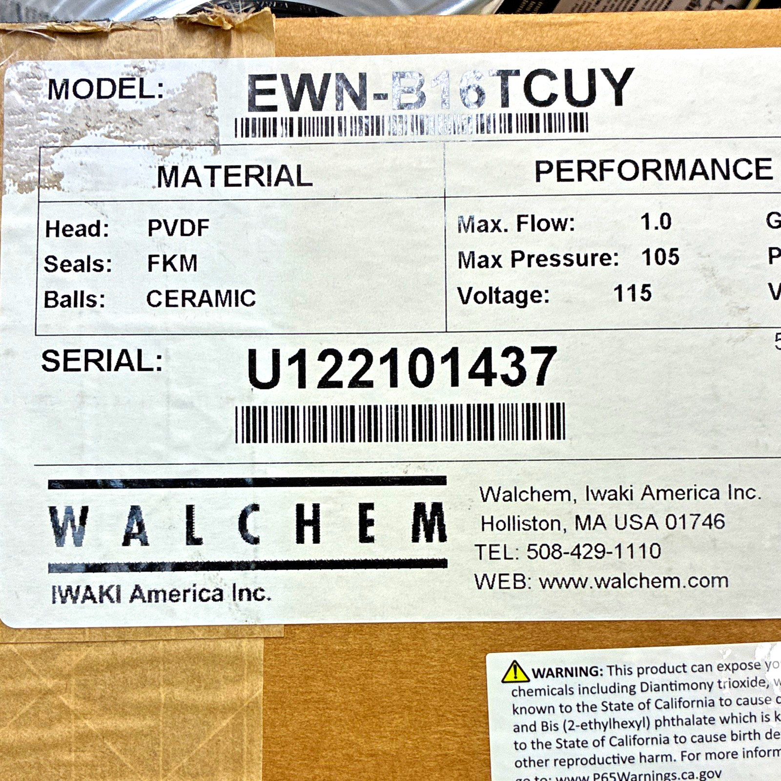 Iwaki EWN-B16TCUY Diaphragm Metering Pump Max 1.0 GPH Max 105 PSI