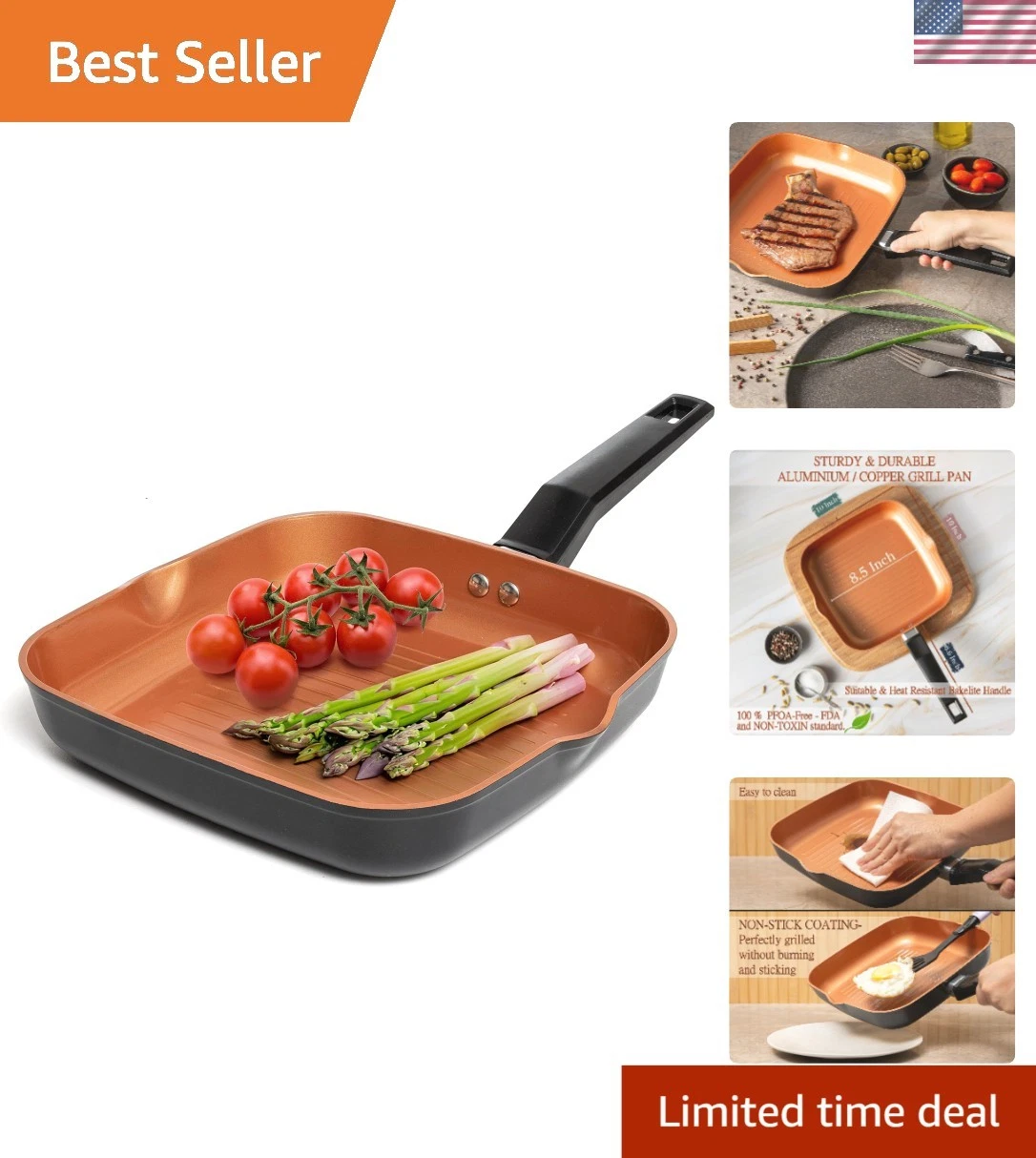 Elegant 9.5-Inch Copper Nonstick Grill Pan - Induction & Oven Safe Cooking El...