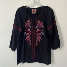Johnny Was Black Floral Embroidered Peasant Top 100 Cotton Medium