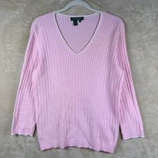 Lauren Ralph Lauren Pink Cable Knit V Neck Sweater Size Medium Cotton Blend