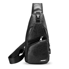 Men's Leather Chest Bag Crossbody Bag with USB Port Sports Casual Bag Fashion