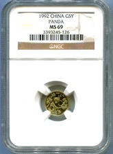 1992 GOLD CHINESE PANDA 1/20 OZ. 5Y NGC MS69 MS-69 CHINA 5 YUAN BEAUTIFUL !