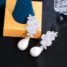 Top Silver Plated CZ Cubic Zirconia Flower Pearl Dangle Drop Earrings for Women