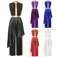 Women Praise Dance Outfits Sleeveless Asymmetric Dress + Pants Dancewear