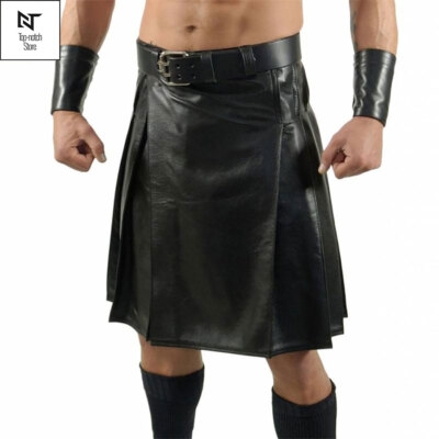 Herren Echt Rindsleder Schottisch Kilt plissiert flache Front Handschellen römische LARP