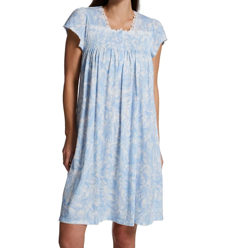 NWT Miss Elaine BLUE/WHITE PAISLEY Silky Knit 38" SMOCKED Nightgown 1X LOVELY - Picture 2 of 8