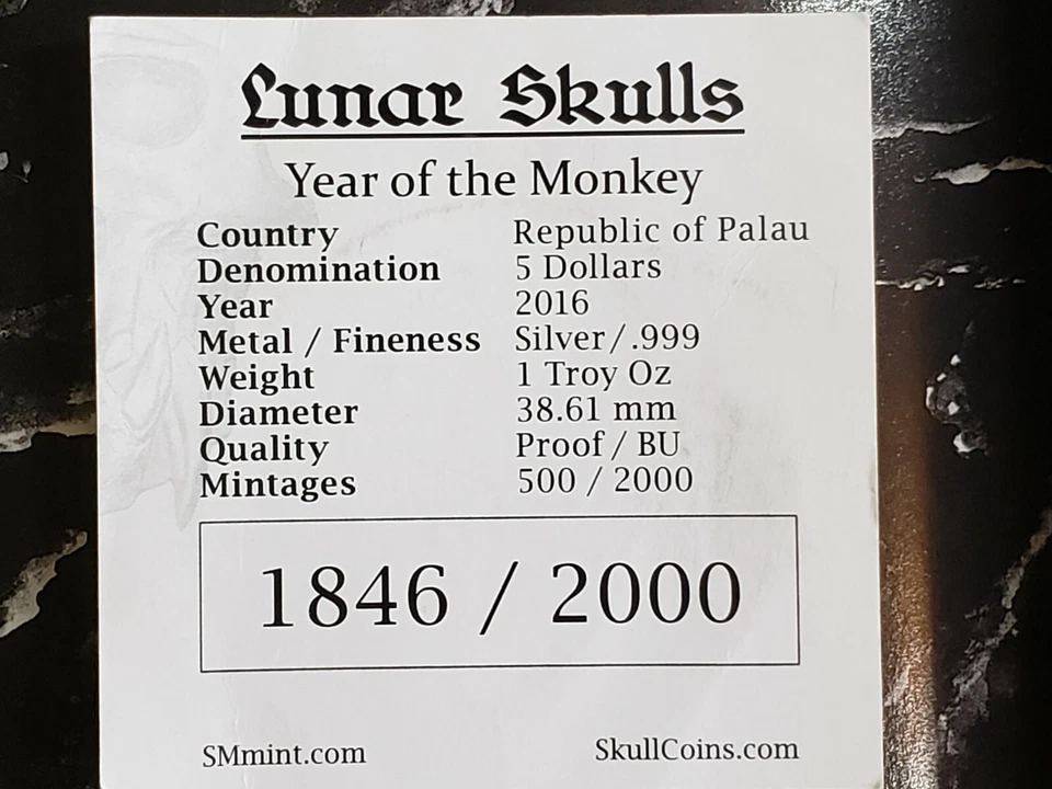 2016 Lunar Skull Monkey Palau Five Dollars $5 Silver BU PCGS MS70 #1846 - Image 3 of 3