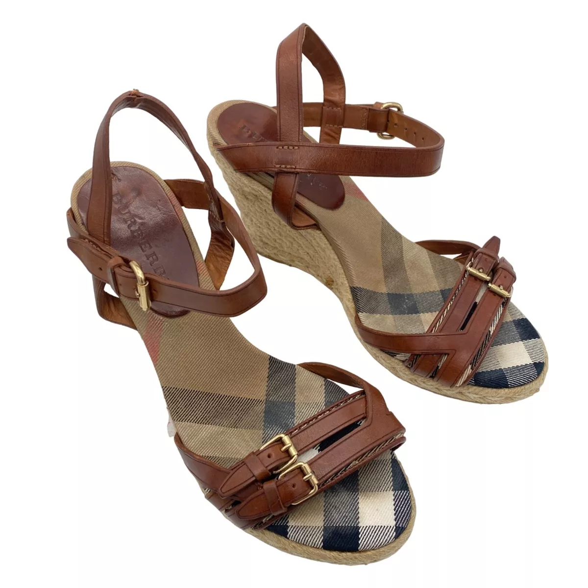 Burberry Novacheck Espadrille Wedges 39 Classic Cognac Leather Strappy Buckle
