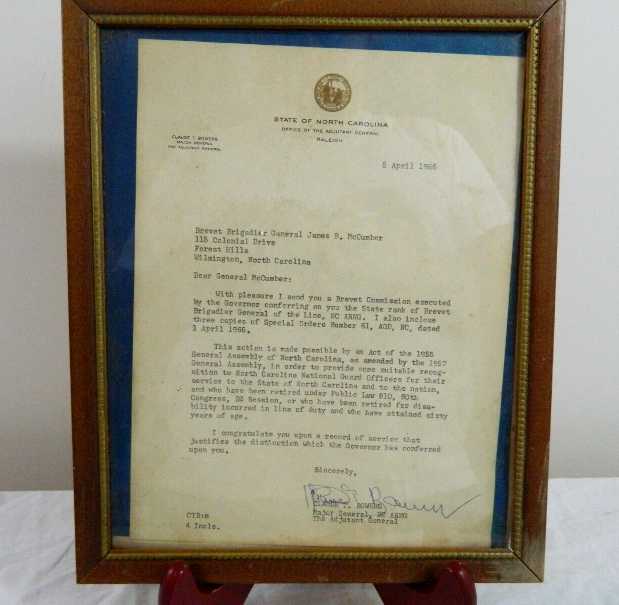 Army 1966 State NC Brevet Commission Certificate Award General James B. McCumber