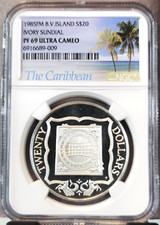 1985 B V ISLANDS SILVER 20 DOLLARS IVORY SUNDIAL NGC PF 69 ULTRA CAMEO TOP POP