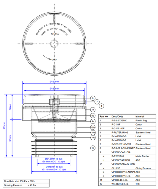 McAlpine Air Admittance Valve for 110mm Soil Pipe VP100E for sale