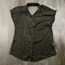 Womans Blouse Top Black Gold Shimmer Sheer Open Back Button USA Made S/S Size S