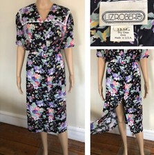 vtg 80s Liz Roberts Modest Black Floral Dress 13/14 USA Button Up Belted