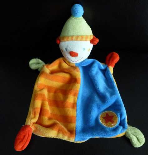 Doudou Plat Baby Club Clown - Couleurs Bleu, Orange, Vert, Rouge - Occasion, Très Bon état (propre Et Doux)