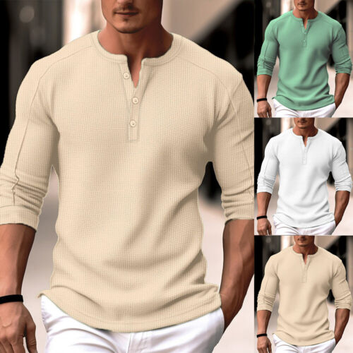 Herren Knopf Langarm T-Shirt Henley Shirt Freizeit Hemd Oberteile Casual Tops DE - Bild 1 von 12